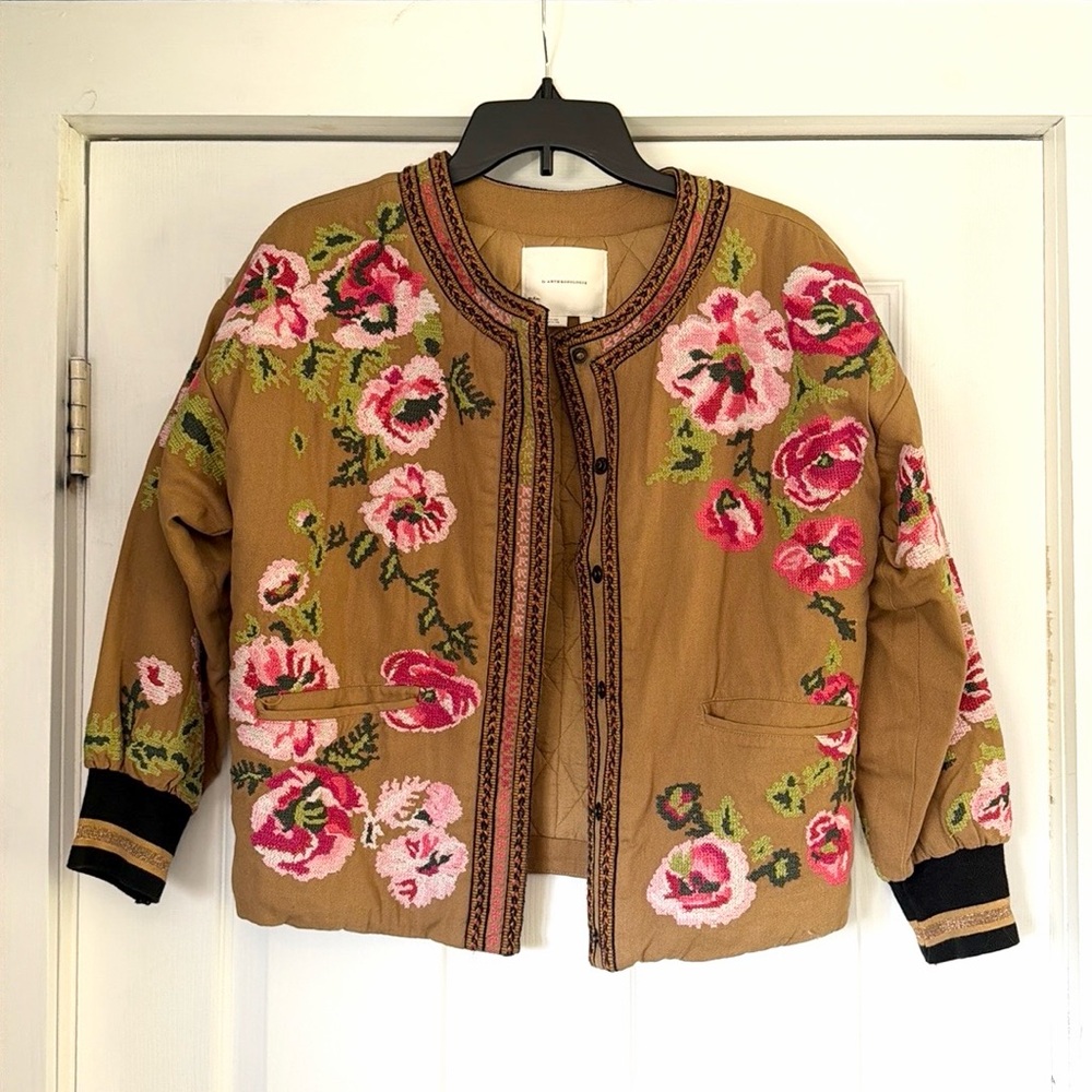 Anthropologie Floral Needlepoint Embroidered Bomber Jacket